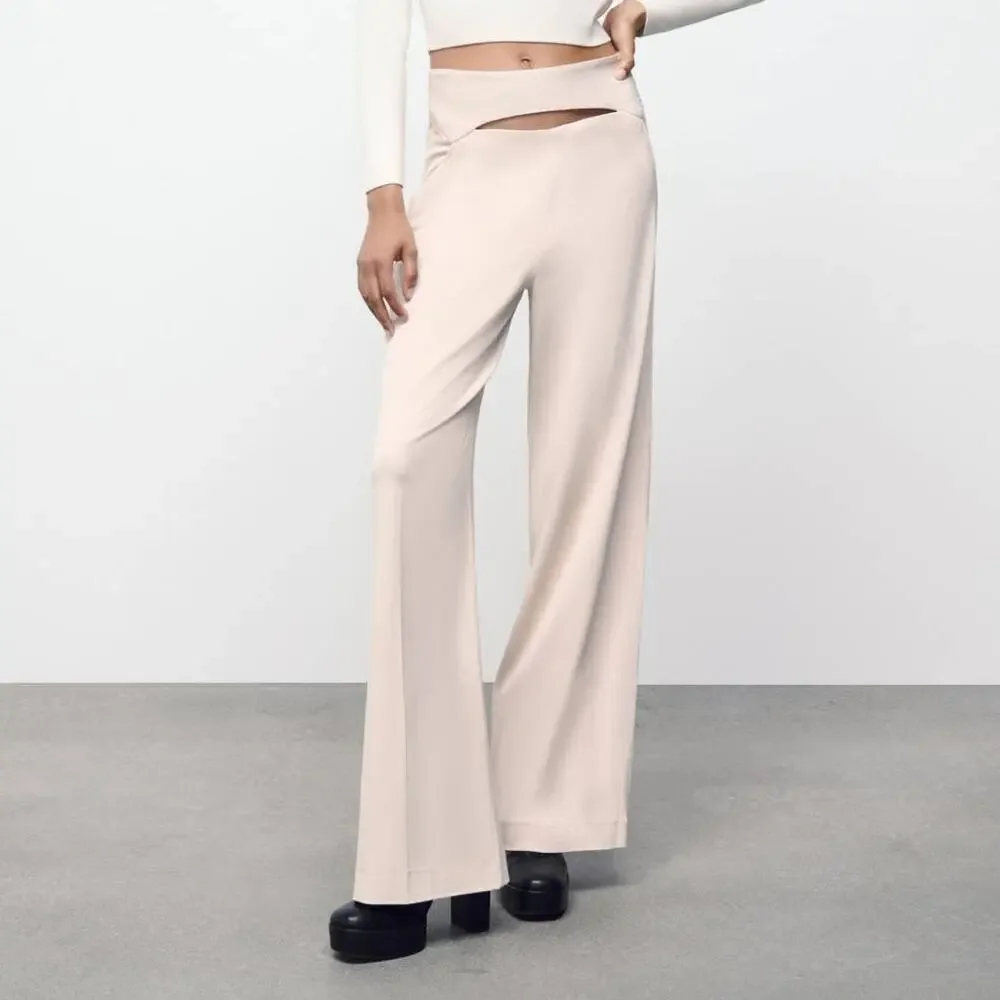 Zara Full Length Trousers with Cutout Opening in Ecru Off White